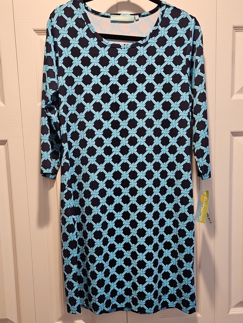 Anthony's Blue Geometric Knit Scoop Neck 3/4 Sleeve Stretch Shift Dress